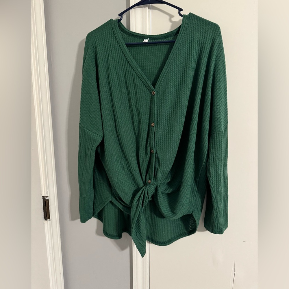 Green tie front waffled tee